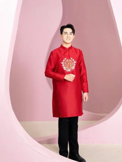 Áo dài chú rể thêu chữ hỷ kết hoa vòng tròn – CR78