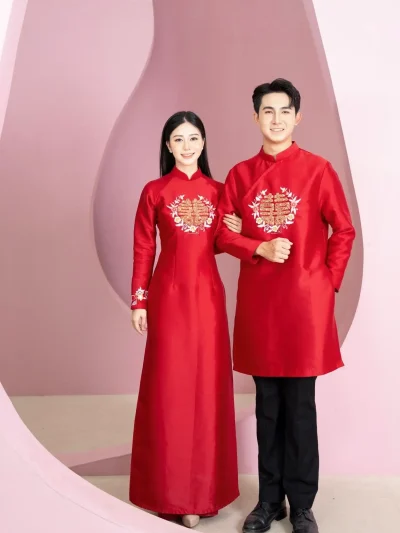 Cặp áo dài cưới màu đỏ thêu chữ hỷ kết hoa vòng tròn – CD154+CR78