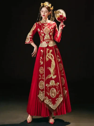 Mẫu áo khỏa cô dâu đính đá thêu Phụng Hoàng chữ hỷ – KN61