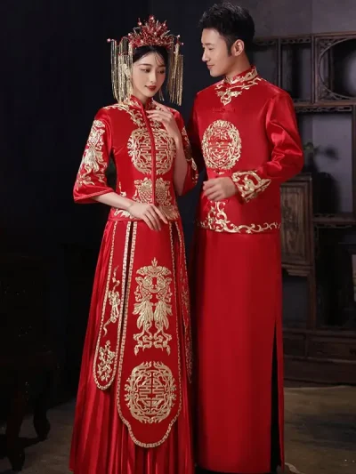 Cặp áo khỏa Trung Hoa thêu chữ hỷ vàng kim đơn giản – KN59 + KNA39