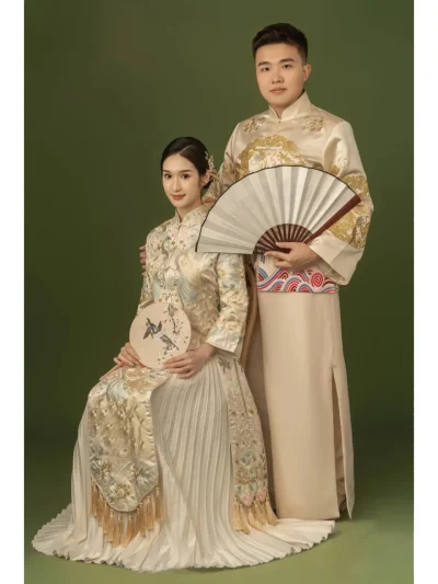 Cặp áo khỏa màu kem kết chim công Phượng Hoàng – KN33 + KNA21